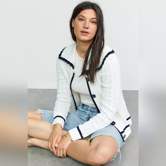 Maeve by Anthropologie Lighthouse Sailor Collar Cable Knit Cardigan White Large - Picture 15 of 16